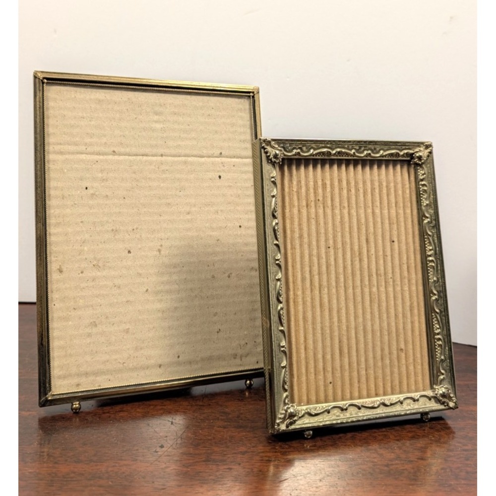 Vintage Pair Brass Gold Tone Tabletop Picture Frames Ball Feet Easel Backs
